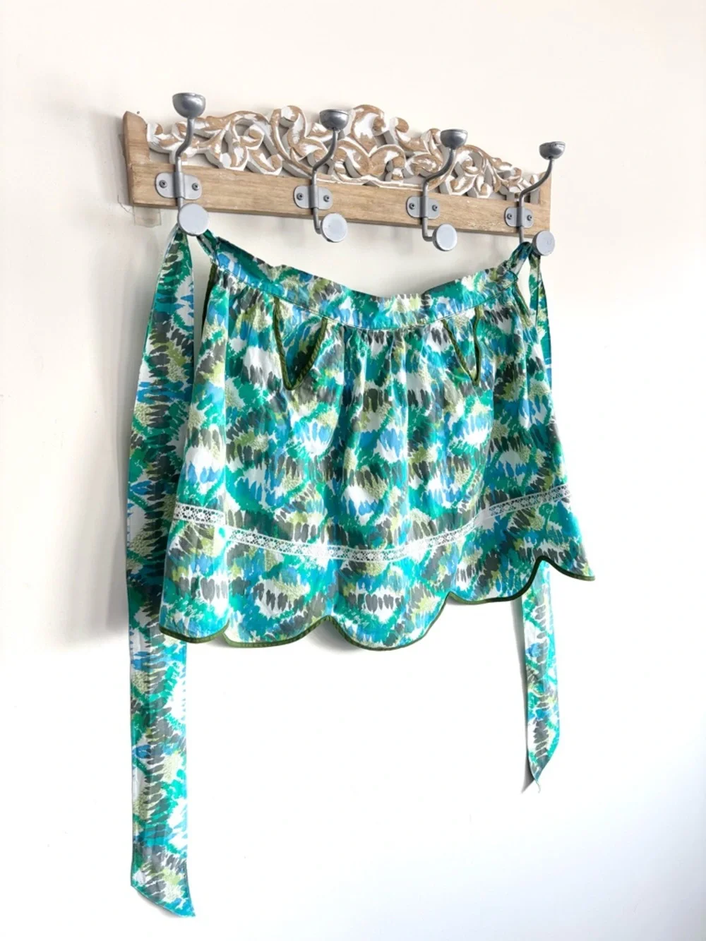 Vintage Handmade Half Tie Back Apron With Pockets 1960s Blue and Green Print